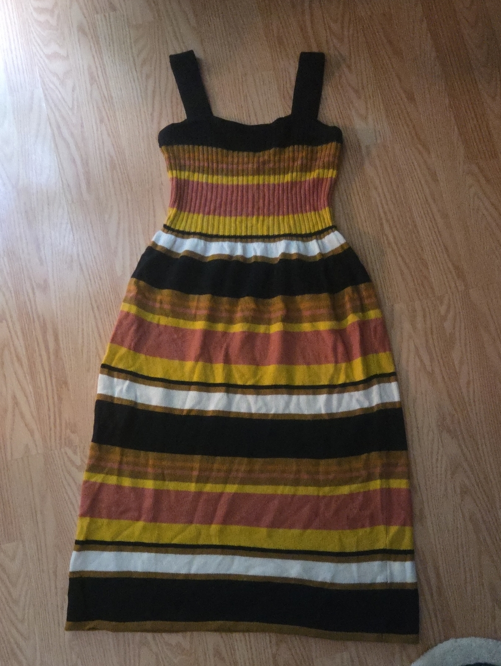 Madewell Striped Ribbed Midi Sweater Dress in Black, Mustard, Rust & White